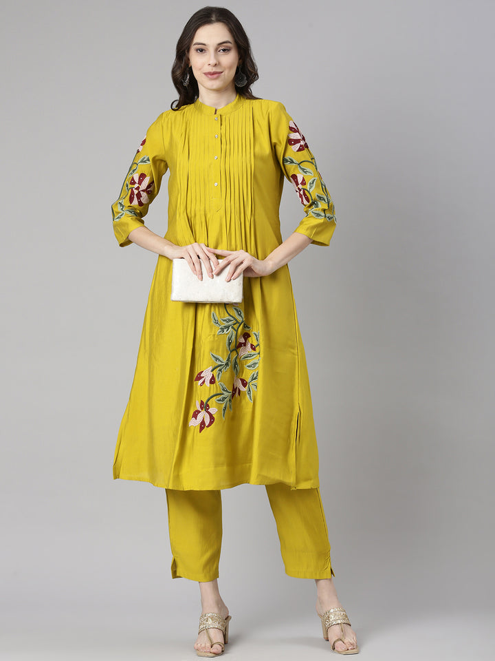 Neerus Mustard Embroidered Straight Kurta and Trousers