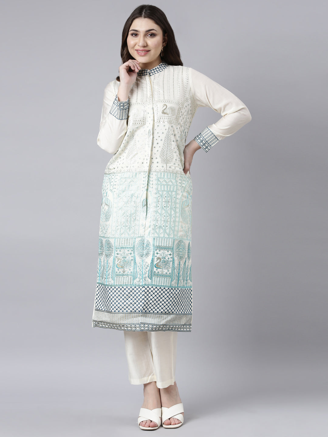 Neerus White cotton printed kurta set with trouser - detail view 1