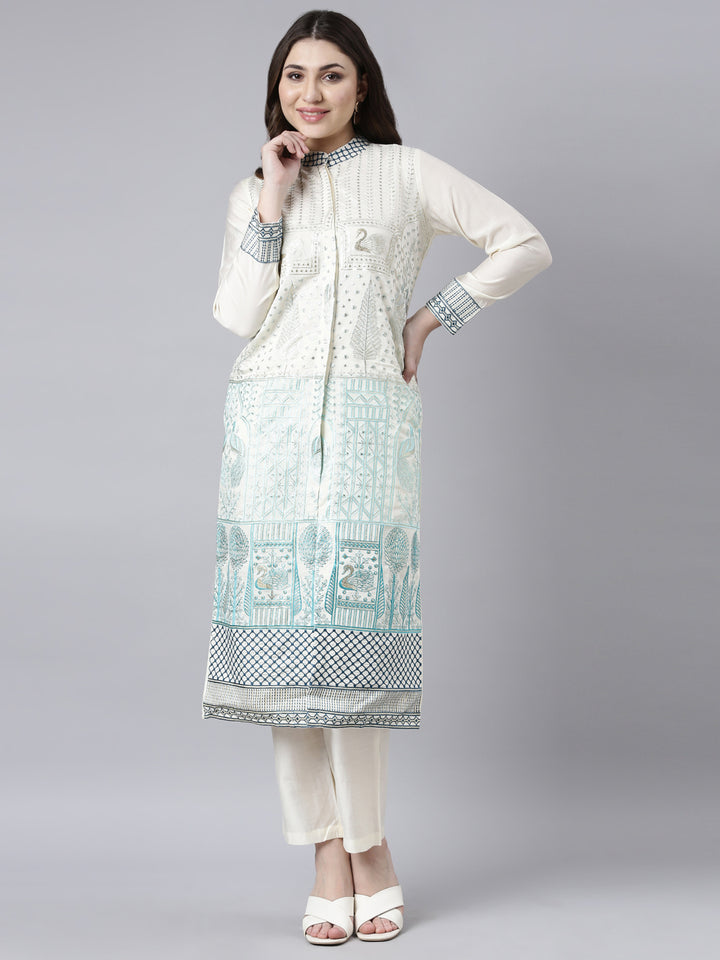 Neerus White cotton printed kurta set with trouser - detail view 1