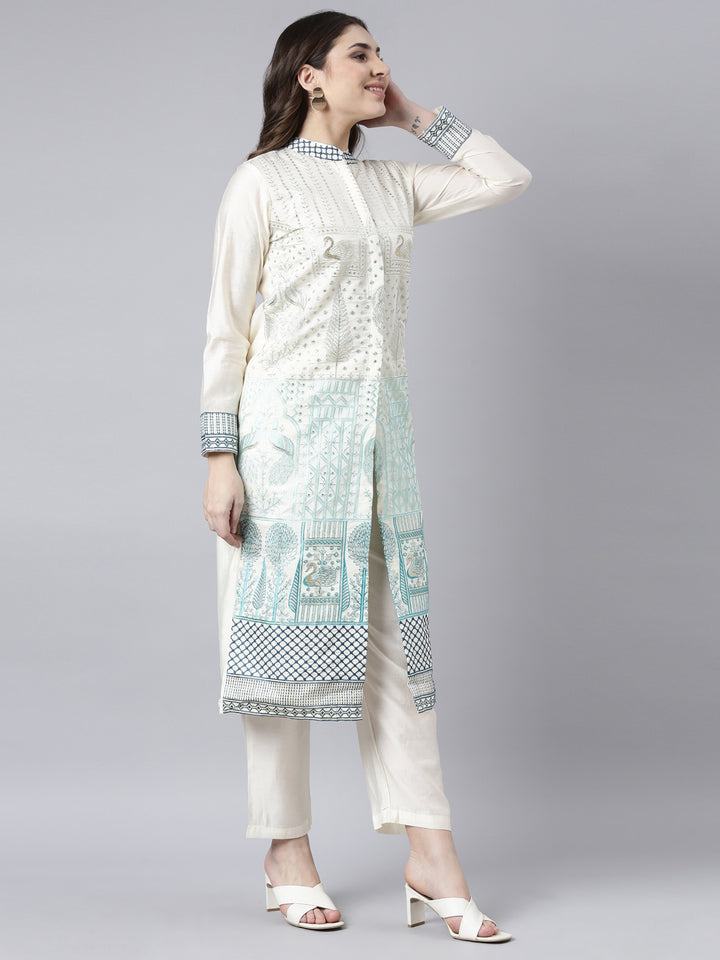 Neerus White cotton printed kurta set with trouser - side view