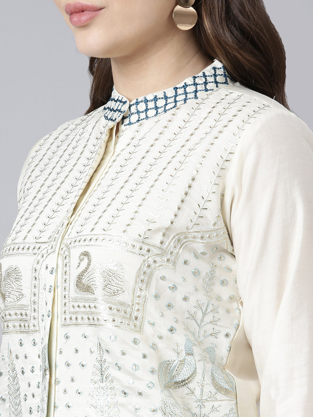 Neerus White cotton printed kurta set with trouser - back view