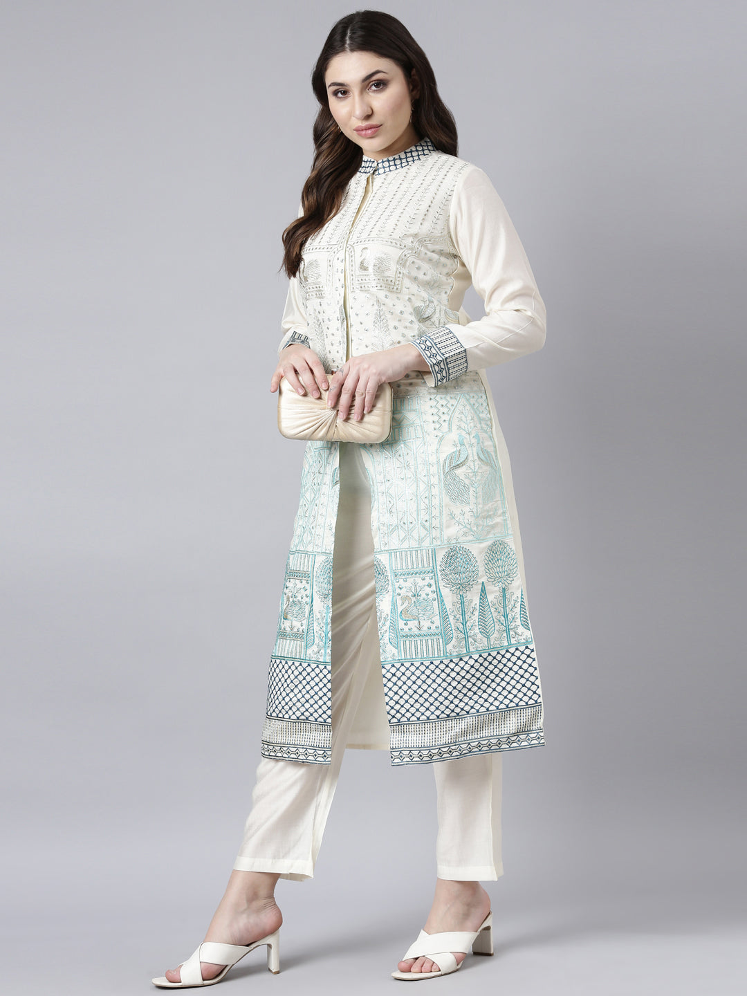 Neerus White cotton printed kurta set with trouser - front view
