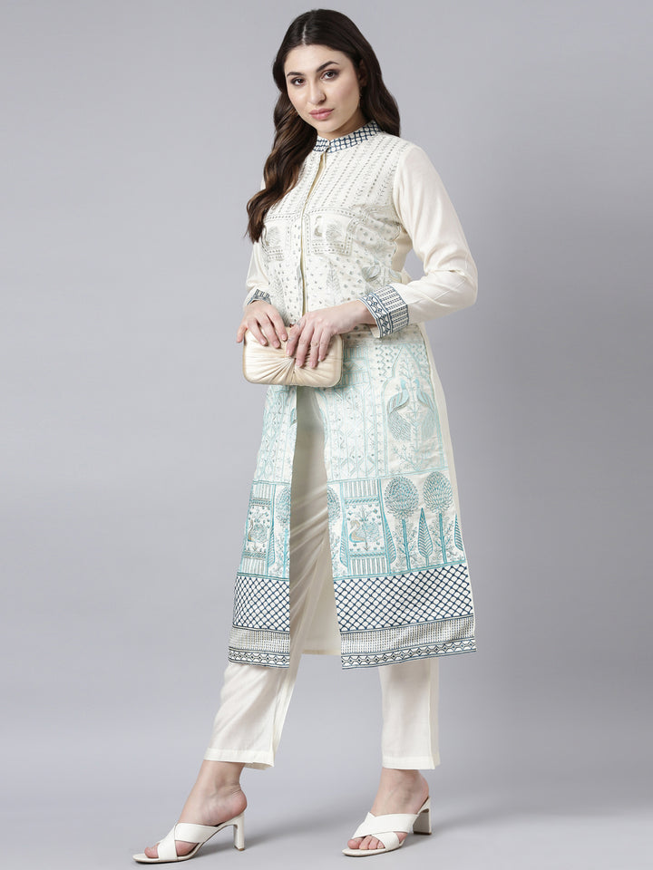 Neerus White cotton printed kurta set with trouser - front view