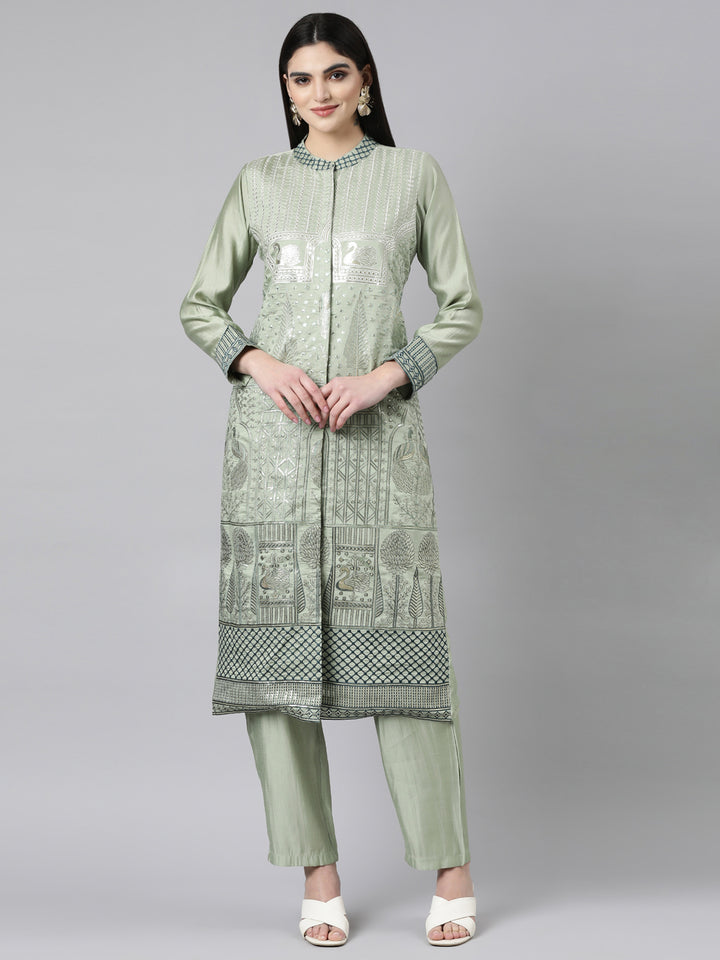 Neerus Green cotton printed kurta set with trouser - detail view 1