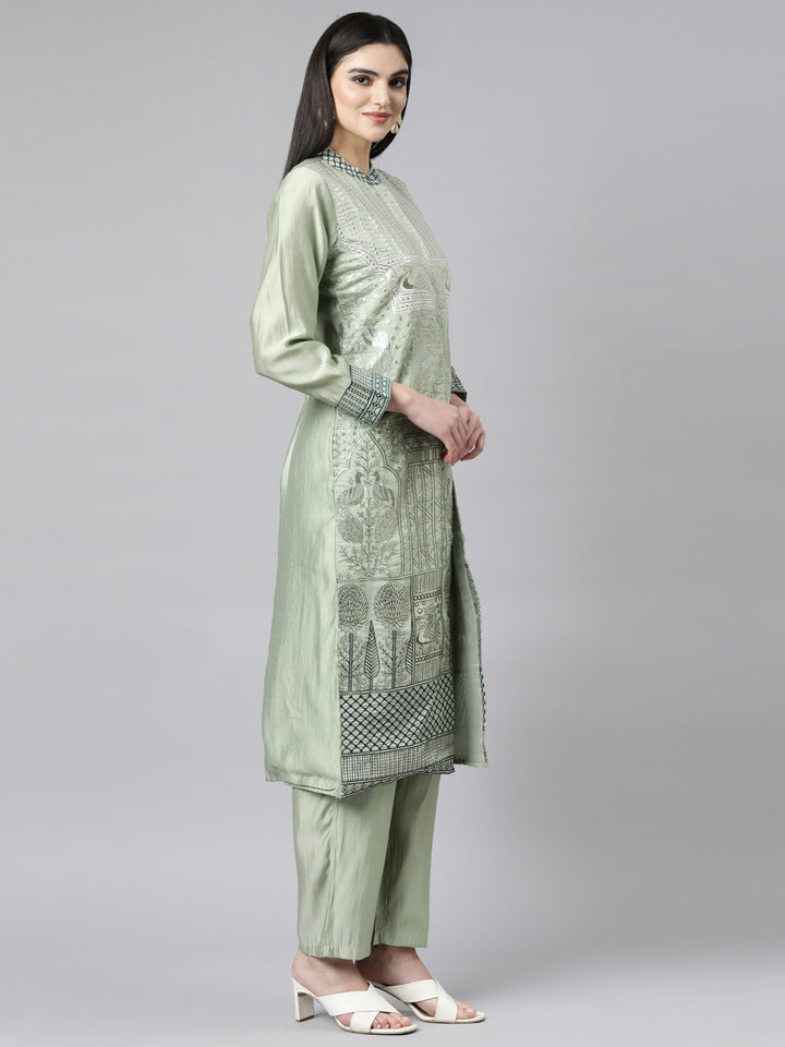 Neerus Green cotton printed kurta set with trouser - side view