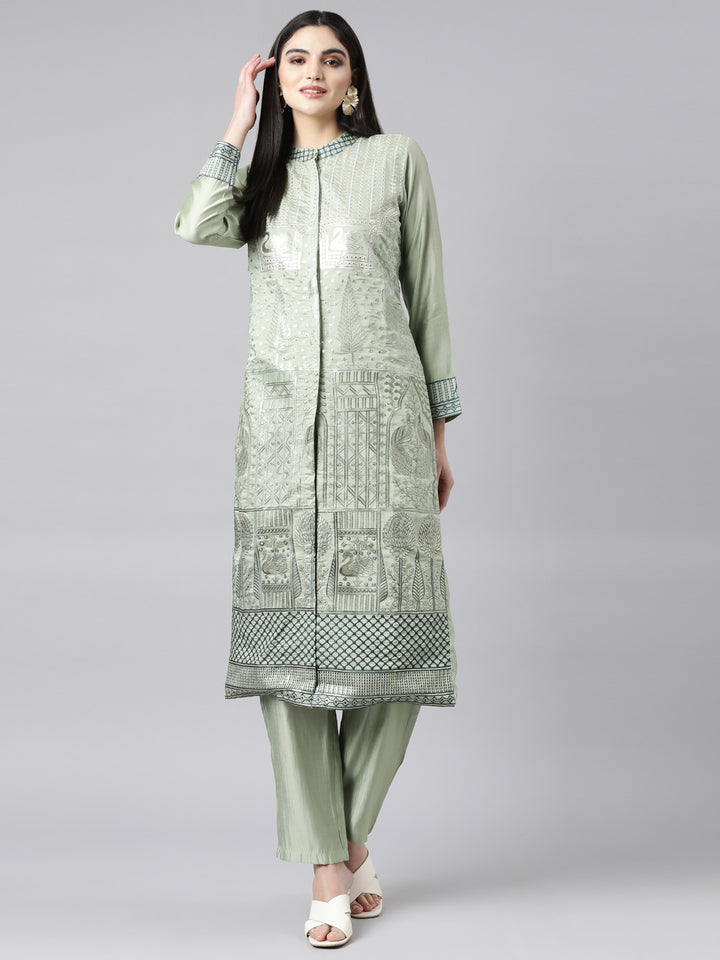 Neerus Green cotton printed kurta set with trouser - front view
