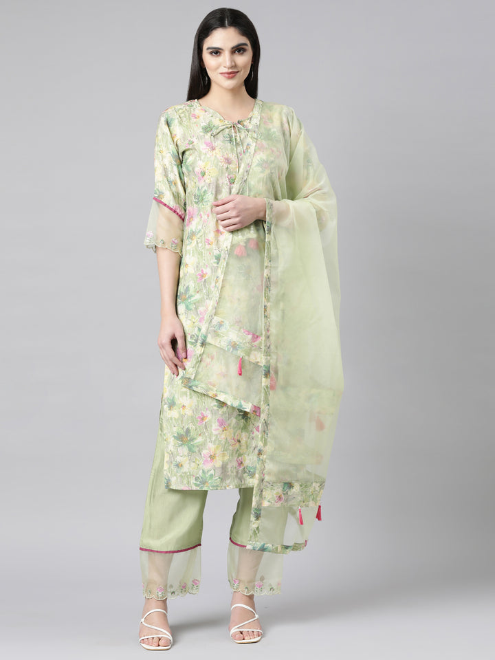 Neerus Green printed floral straight suit set - front view