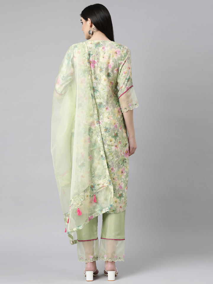 Neerus Green printed floral straight suit set - side view