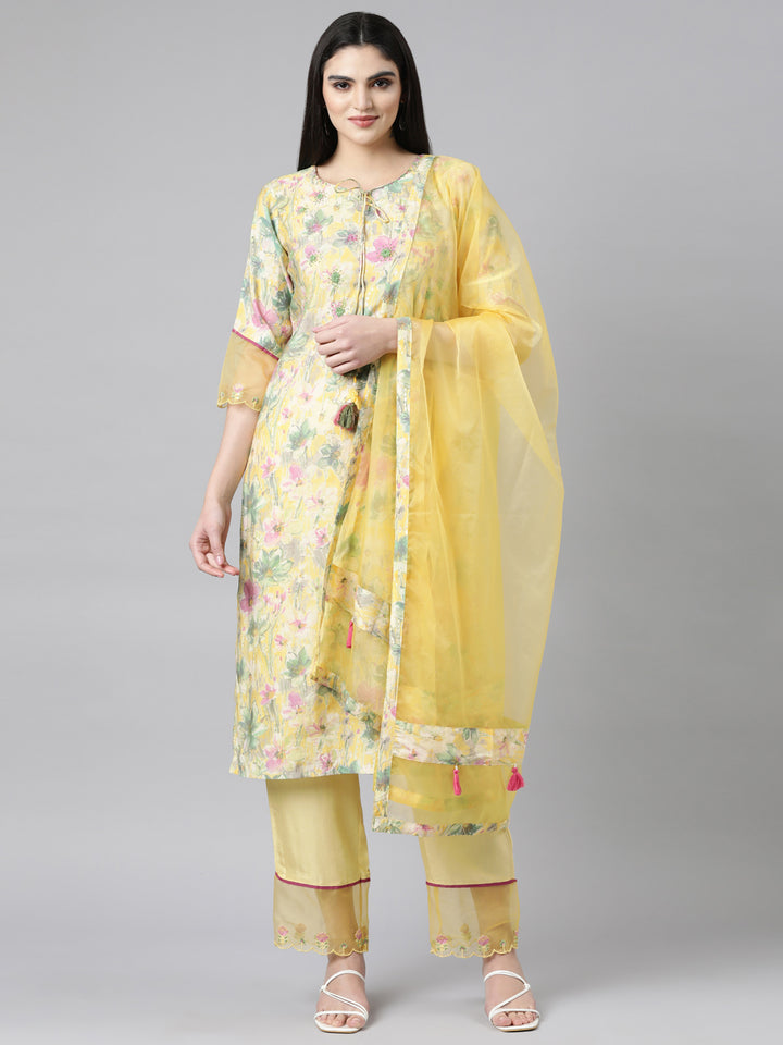 Neerus Yellow Regular Straight Floral Readymade suits