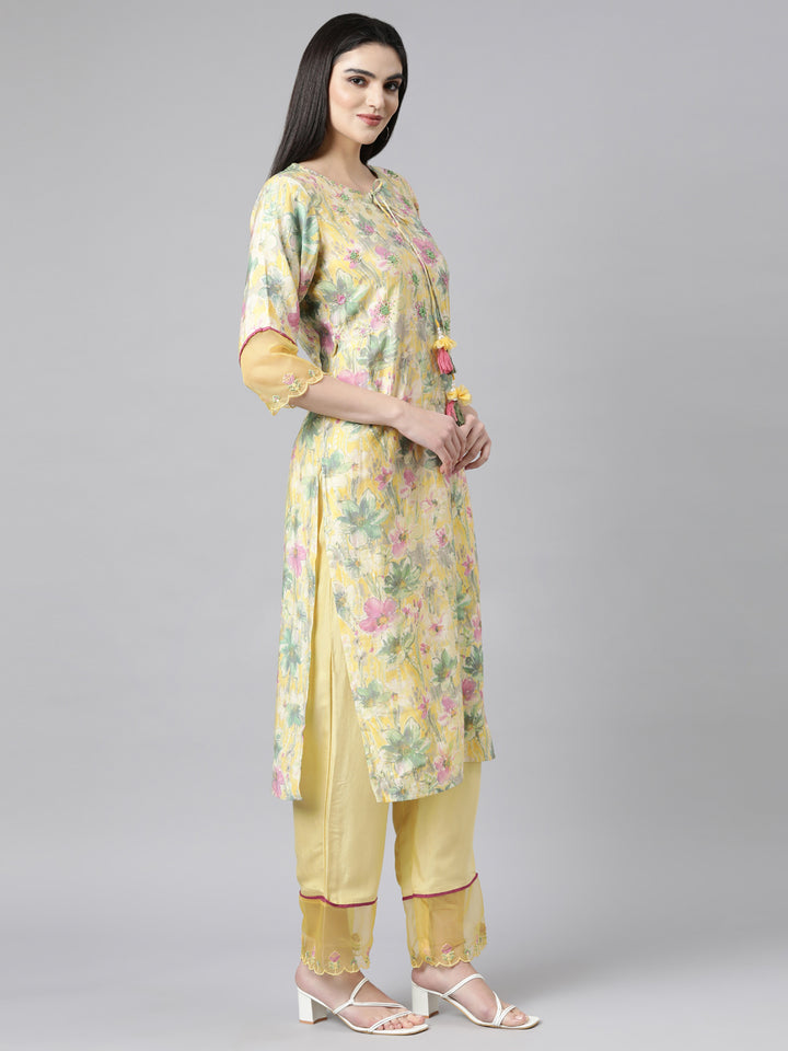Neerus Yellow Regular Straight Floral Readymade suits