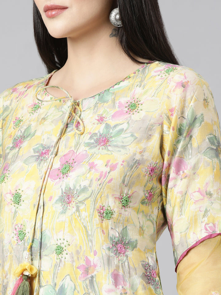 Neerus Yellow Regular Straight Floral Readymade suits