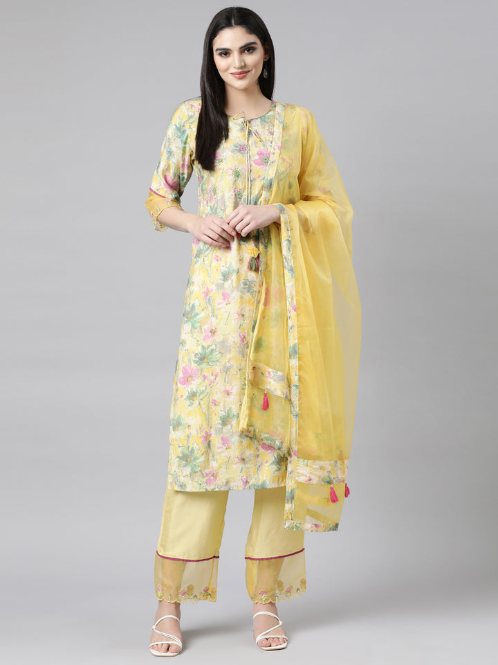 Neerus Yellow Regular Straight Floral Readymade suits
