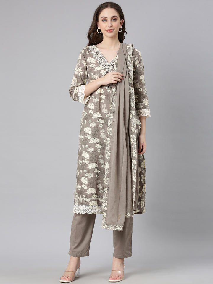 Neerus Elephant grey Printed Straight Kurta and Trousers With Dupatta