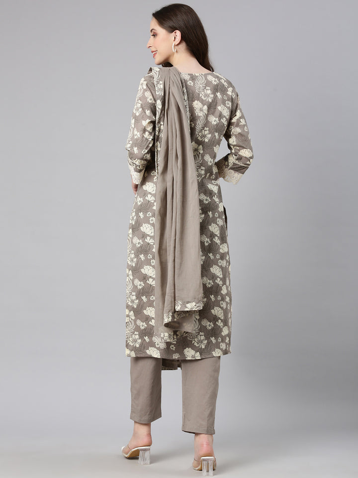 Neerus Elephant grey Printed Straight Kurta and Trousers With Dupatta