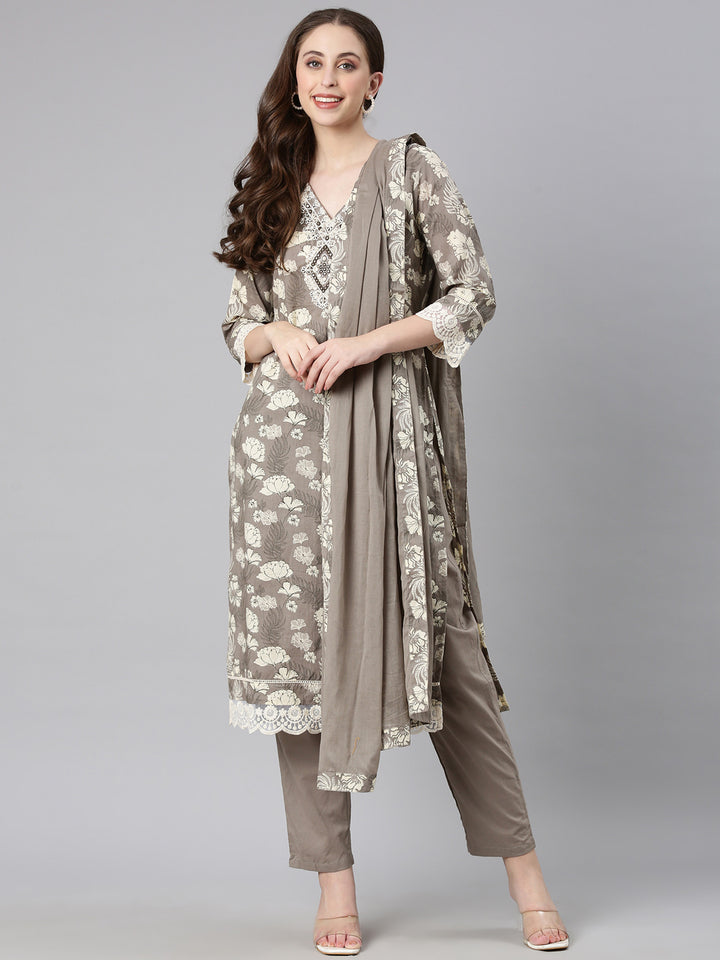 Neerus Elephant grey Printed Straight Kurta and Trousers With Dupatta