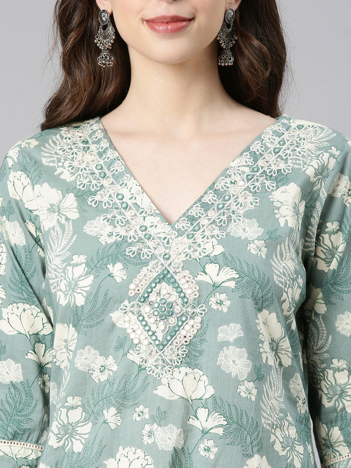 Neerus Light green Printed Straight Kurta and Trousers With Dupatta