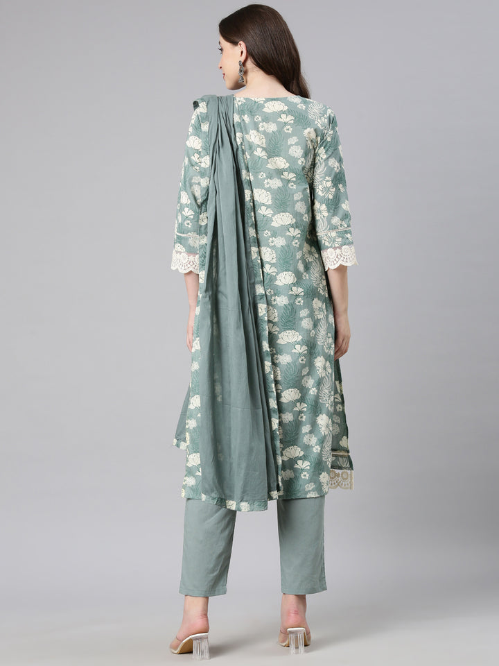 Neerus Light green Printed Straight Kurta and Trousers With Dupatta