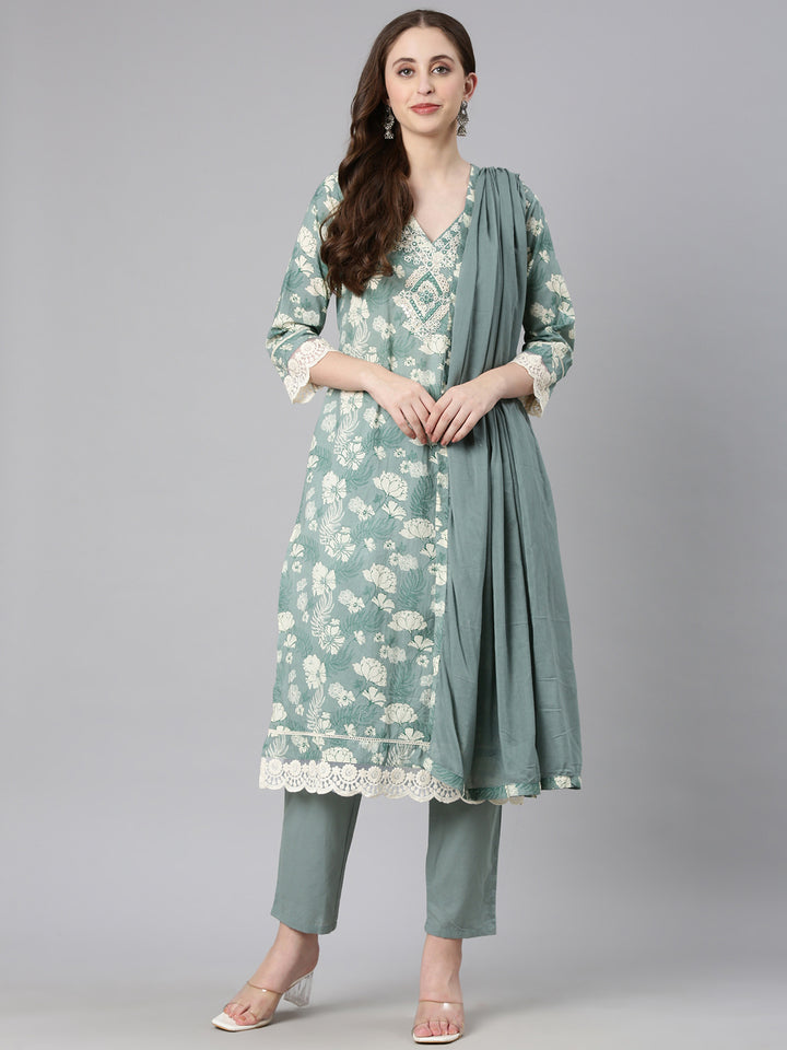 Neerus Light green Printed Straight Kurta and Trousers With Dupatta