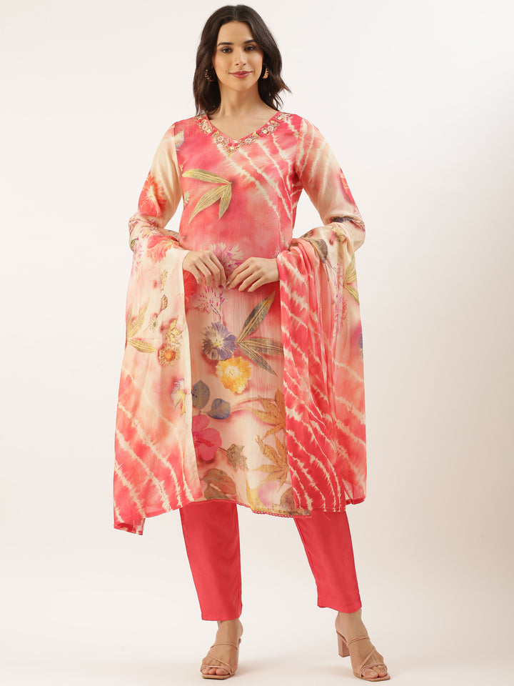 Peach Muslin Printed Embroidered Three Piece Set