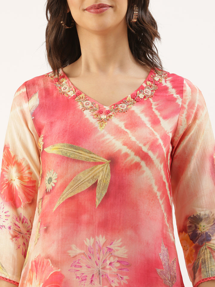 Peach Muslin Printed Embroidered Three Piece Set