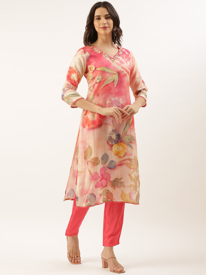 Peach Muslin Printed Embroidered Three Piece Set