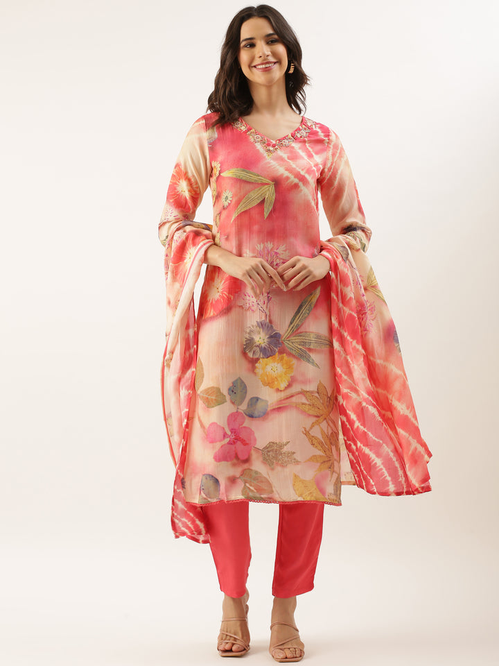 Peach Muslin Printed Embroidered Three Piece Set