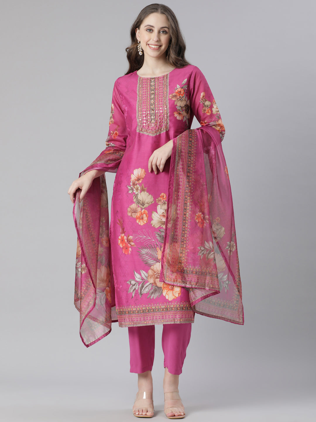Neerus Maroon Organza Printed Suit Set - front view