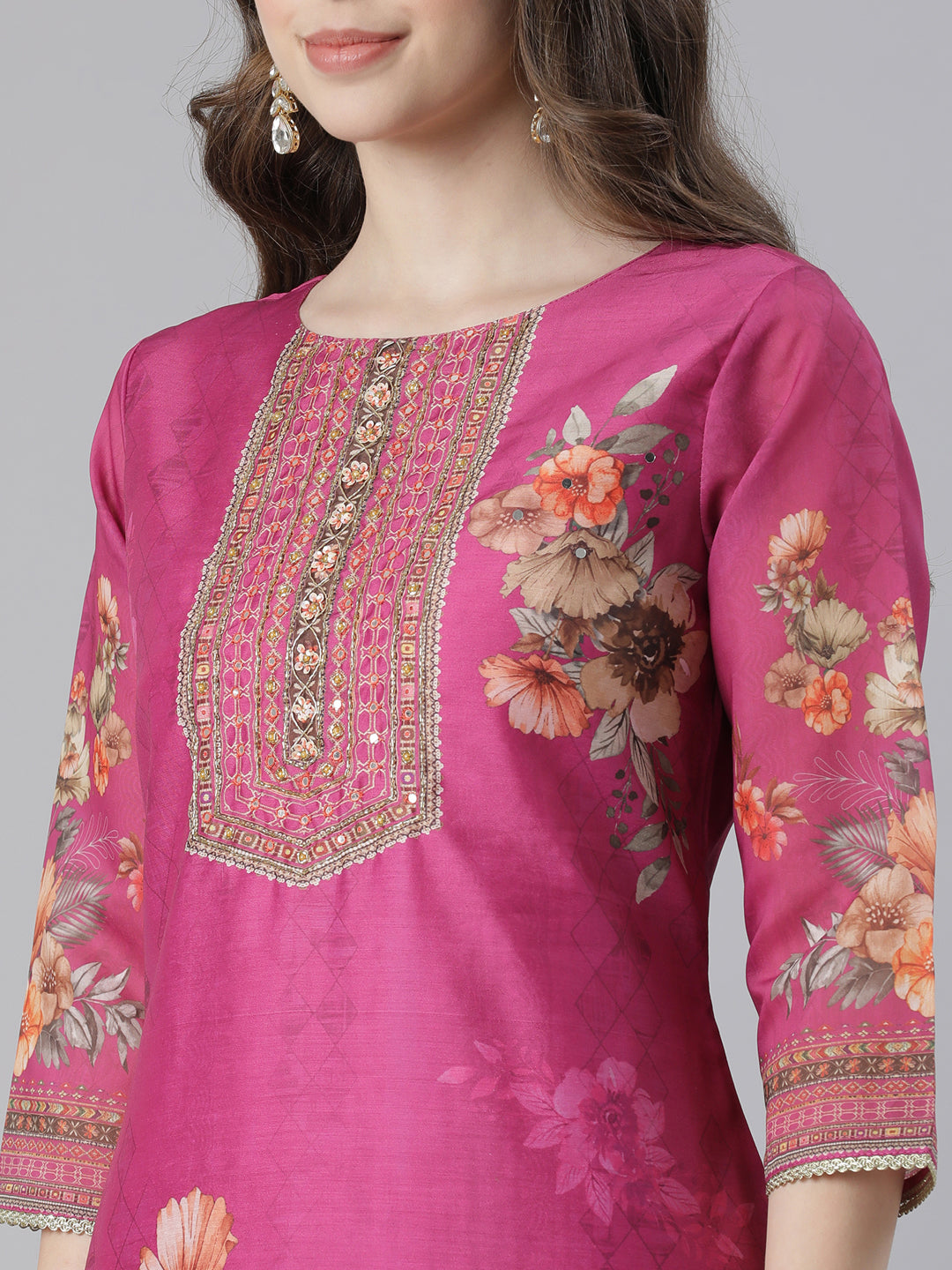 Neerus Maroon Organza Printed Suit Set - detail view 1