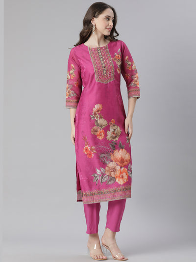 Neerus Maroon Printed Straight Kurta and Trousers With Dupatta