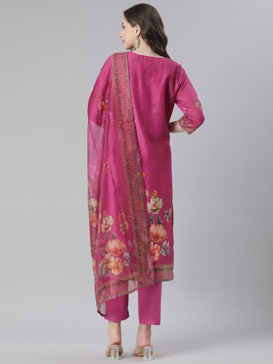 Neerus Maroon Organza Printed Suit Set - side view