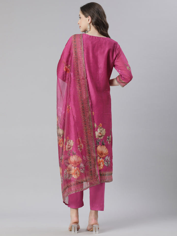 Neerus Maroon Organza Printed Suit Set - side view