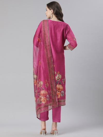 Neerus Maroon Printed Straight Kurta and Trousers With Dupatta