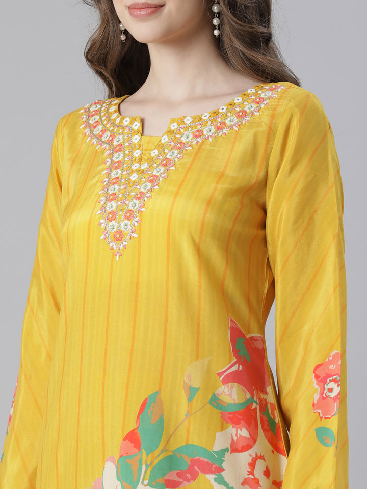 Neerus Mustard Printed Straight Kurta and Trousers With Dupatta
