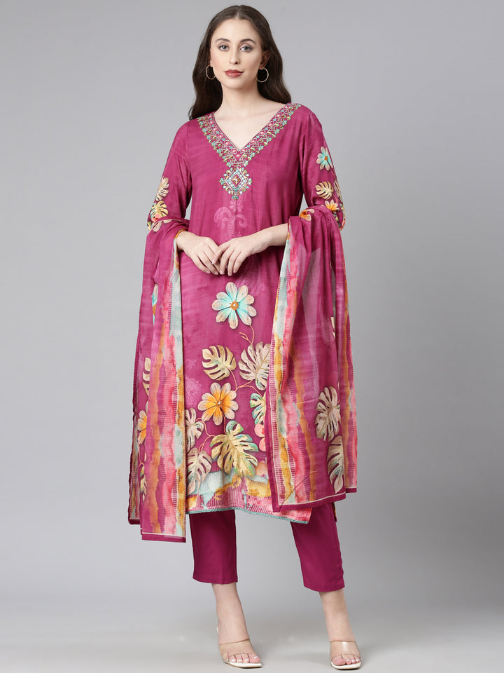 Neerus Magenta Printed Straight Kurta and Trousers With Dupatta