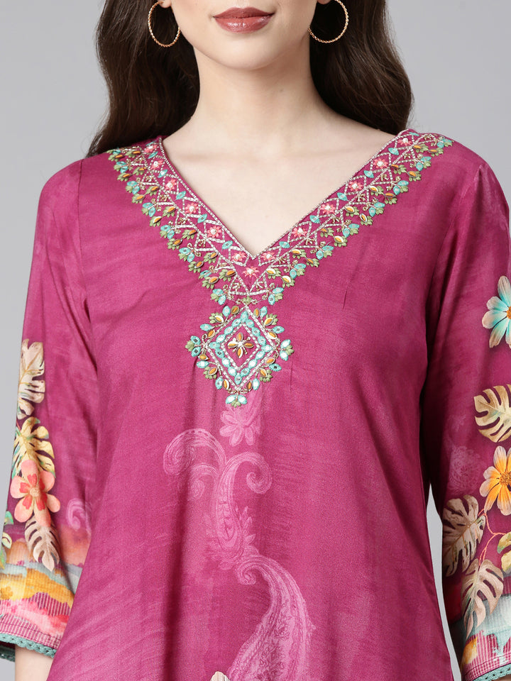 Neerus Magenta Printed Straight Kurta and Trousers With Dupatta
