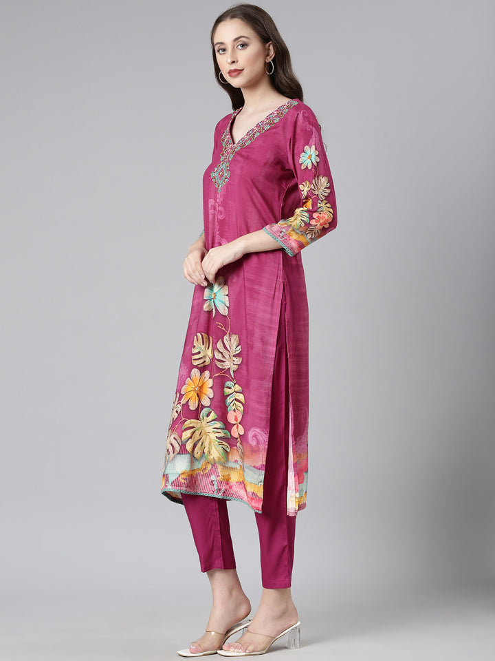 Neerus Magenta Printed Straight Kurta and Trousers With Dupatta