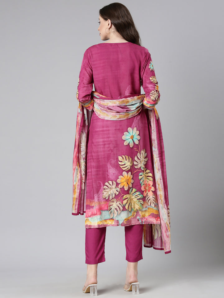 Neerus Magenta Printed Straight Kurta and Trousers With Dupatta