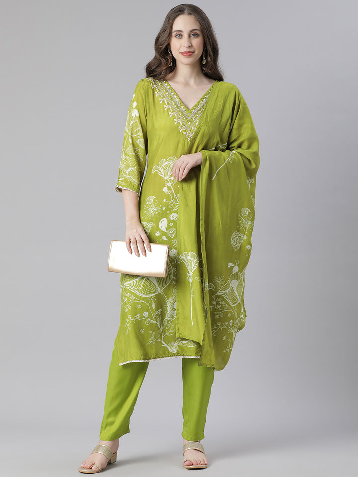 Neerus Green Printed Straight Kurta and Trousers With Dupatta