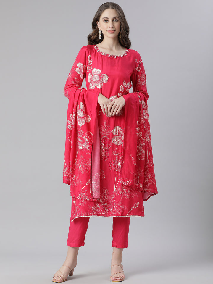 Neerus Red Printed Straight Kurta and Trousers With Dupatta