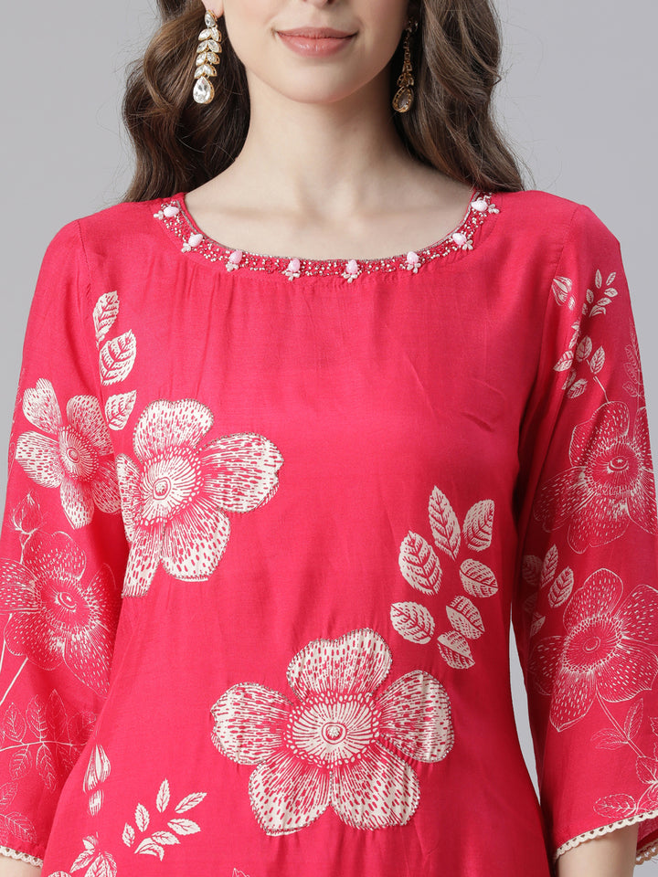 Neerus Red Printed Straight Kurta and Trousers With Dupatta