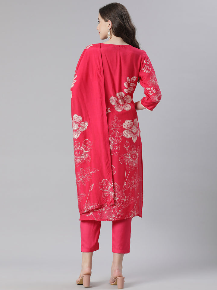 Neerus Red Printed Straight Kurta and Trousers With Dupatta