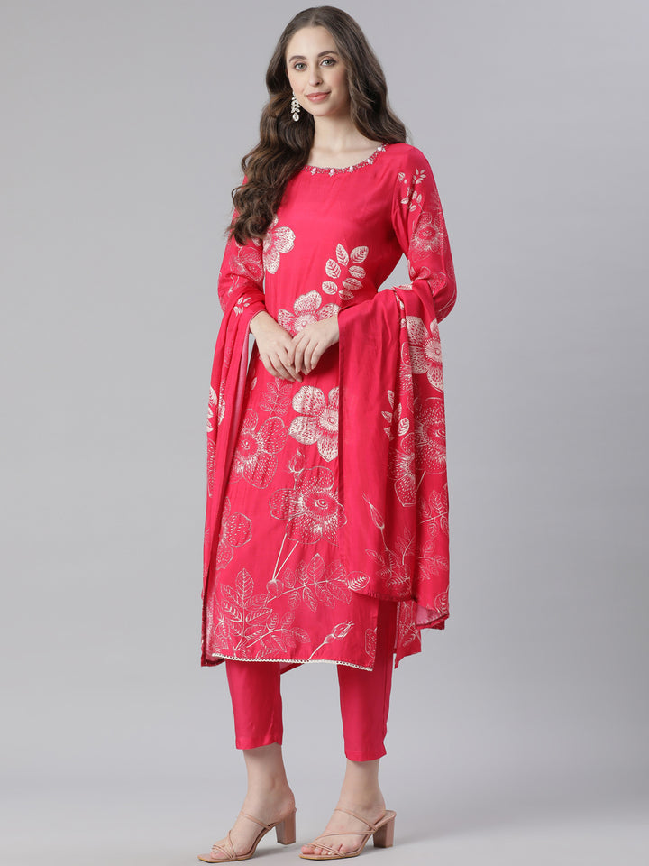 Neerus Red Printed Straight Kurta and Trousers With Dupatta