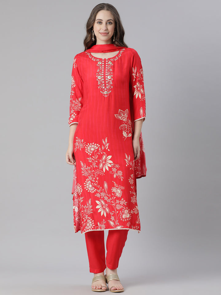 Neerus Red Printed Straight Kurta and Trousers With Dupatta