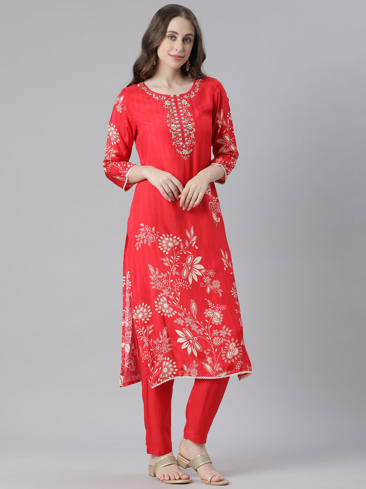 Neerus Red Printed Straight Kurta and Trousers With Dupatta