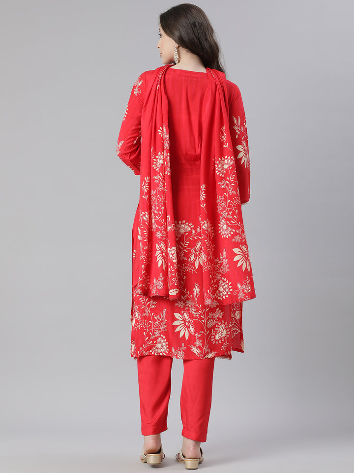 Neerus Red Printed Straight Kurta and Trousers With Dupatta