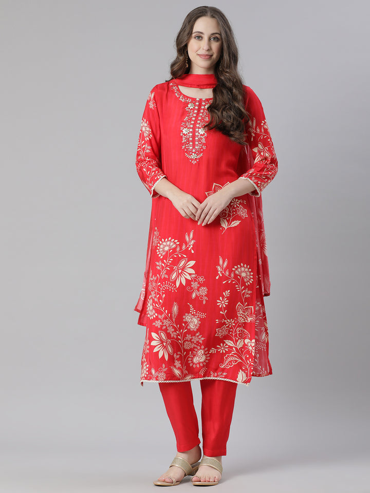 Neerus Red Printed Straight Kurta and Trousers With Dupatta