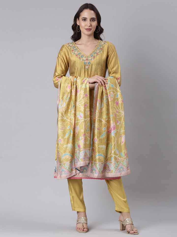 Mustard Silk Embroidered With Work Three Piece Set