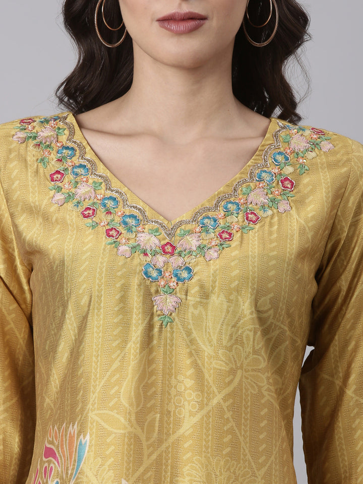 Mustard Silk Embroidered With Work Three Piece Set