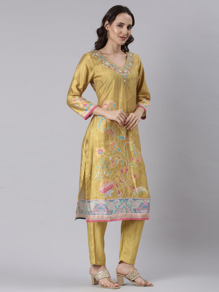 Mustard Silk Embroidered With Work Three Piece Set