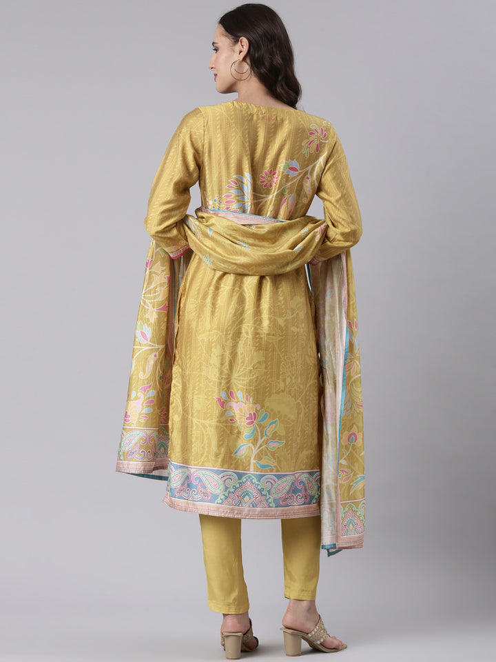 Mustard Silk Embroidered With Work Three Piece Set